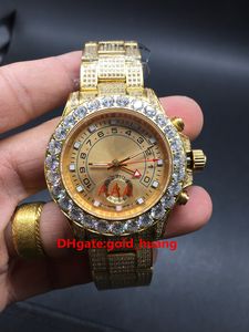 алмаз огромный
 оптовых-Высокое качество Full Oced Out out Gold Case Hip Hop Rappers Watch Works Огромные бриллианты BEZEL наручные часы блестящие лаборатории из нержавеющей стали автоматические часы человека