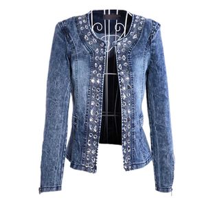 jaqueta jeans vintage toptan satış-Kadınlar için Denim Ceketler Rhinestone Madeni Pul Kadın Mont Blaser Vintage Su Yıkama Casual Lady Kot Hırka Jaqueta Feminina Y0827