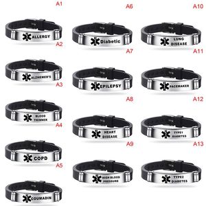 Adjustable Stainless Steel Silicone Alert ID Bracelet DIABETIC EPILEPSY Bracelets Wristband For Men Bangle