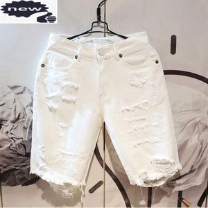 beyaz sıkıntılı şort toptan satış-Yaz Erkek Düz Beyaz Denim Sıkıntılı Delik Püskül Slim Fit Diz Boyu Pantolon Yüksek Sokak Erkek Rahat Şort erkek