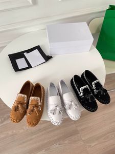 Högkvalitativ Kvinnors Klänning Casual Sandals Mullers Flat Loafers Fashion Luxury Tassel Dekoration Stitched Pea Skor Classic Ladies Single Slip Size