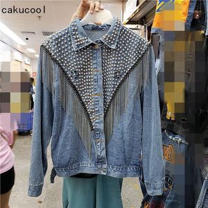 Kvinnors Jackor Cakucool Denim Jacket Tassels Rivets Jeans Koreanska Loose Beading Punk Coat Casual Girls OuterWear Svart