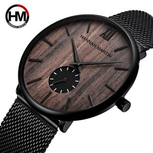 Wristwatches Japonia Kwarcowy Męski Ebony Drewniane Ziarna Drewniane Zegarek Dwie Ręki Połowa Ze Stali Nierdzewnej Czarna Mesh Pas A4104