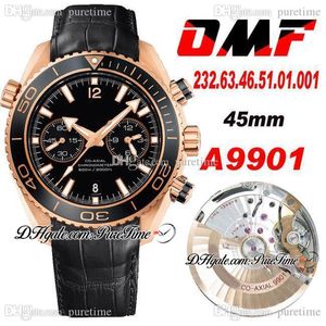 OMF Cal A9901 Automatic Chronograph Mens Watch Rose Gold Black Polished Bezel And Dial Super Edition Black Balance Wheel Leather Rubber Puretime M04