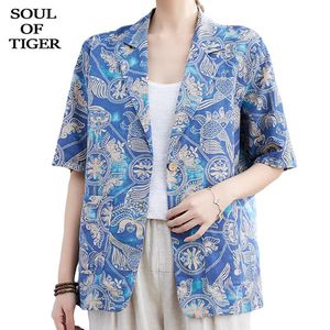 bayanlar mavi kısa kollu ceketler toptan satış-Kadın Takım Elbise Blazers Soul Kaplan Japonya Tarzı Moda Bayanlar Mavi Baskılı Kadın Kısa Kollu Ceketler Kadın V Yaka Vintage Gevşek Co
