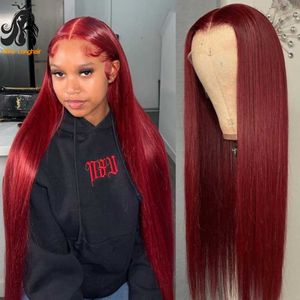 длинный красный кружевной фронт парик оптовых-Кружевные парики дюймов J бордовый прямой x4 HD передний парик красный цвет человеческие волосы закрытие волос с длинным реми