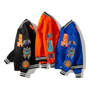 erkek deri beyzbol ceketleri toptan satış-Erkek Ceketler Hip Hop Kabanlar Patchwork Beyzbol Mektup Papatya Çiçekler Yama Deri Bombacı Bahar Boy Streetwear Coats