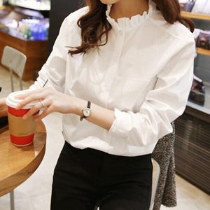 beyaz ruffled yaka bluz toptan satış-Kadın Bluz Gömlek Pamuk Kadınlar Beyaz Gömlek Bluz Ruffled Yaka Artı Boyutu Çalışma Ofis Bayan Giyim Rahat Tops