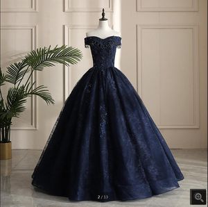 Robe de Soiree Vintage Navy Blue Lace Ball Gown Prom Klänningar Beaded Crystals Appliques Princess Puffy Corset Party Gowns Off Axel Elegant Quinceanera Dress