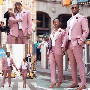 rosa hochzeitshose-anzug großhandel-Hochwertige Paare Formale Tuxedos Rosa Slim Fit Business Suits Bräutigam Hochzeit Prom Party Outfit Jacke Hose