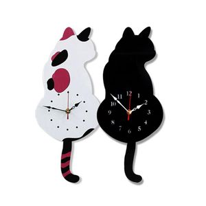 horloge murale chat noir achat en gros de Horloges murales blanche noire remuant queue chat chien design horloge de la chambre à coucher enfants décoration unique cadeau créatif dessin animé mately bricolage