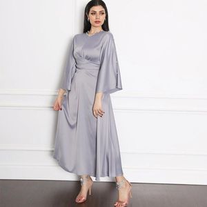 Kobiety Wrap Of Front Maxi Dress Elegant Soft Satin Long Sleeve Robe Arabski Muzułmańska Party Suknia Ball Islamska Amerykańska Europa Skromne Casual Sukienki
