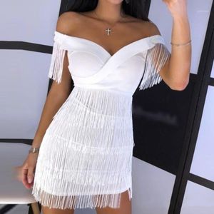 Women Sexy Bodycon Dress Off Shoulder Tassels Mini Short Dresses Backless Tight Clubwear Evening Summer Solid Elegant Dress1