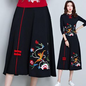 Wholesale online skirt for sale - Group buy Online Chinese Store Women Winter Skirts Female Autumn Original Long Black Embroidery Midi Skirt