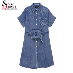 Plus size vrouw zomer vintage blauwe denim rechte shirt jurk sjerpen dames unieke stijl casual jean gewaad stijl
