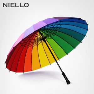 manija del paraguas del arco iris al por mayor-NELLO RAINBOW Umbrella Lluvia Mujer Marca k A prueba de viento Mango largo Sombrillas Fuerte Marco Impermeable Moda Colorida Paraguas