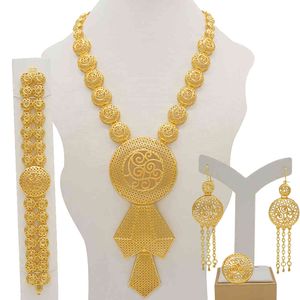 золото длинных колец для женщин оптовых-Длинное ожерелье Серьги кольцо Большой набор Женщин Золотой цвет Арабские Ювелирные Изделия Свадебные аксессуары