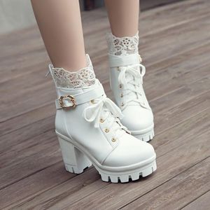 Boots PXELENA Winter Laces White Women Wedding Ankle Bride Shoes Chunky Block Thick High Heels Party Punk Gothic Plus Size