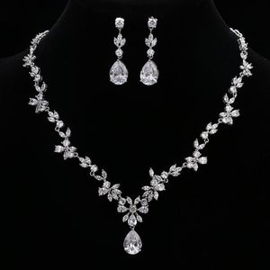 Trendy Gorgeous CZ Stones Jewelry Earring Necklace Set White Crystal Flower Party Wedding For Women Earrings