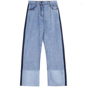 ingrosso flangia laterale-Estate e autunno Slim Down Pantaloni a nove punti a strisce flangiati colore chiaro vita alta jeans a tubo dritto