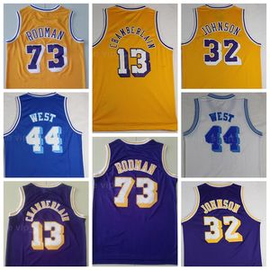 jerry west jersey toptan satış-Erkekler Vintage Basketbol Wilt Chamberlain Jersey Dennis Rodman Jerry West Johnson Dikişli Sarı Beyaz Mavi Mor
