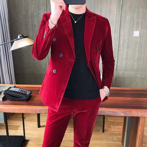 Wholesale velvet suit set resale online - Gentlemen Elegant Luxury Green Velour Suits Mens Claret Red Velvet For Wedding Party Club Double Breasted Dress Sets Men s Blazers