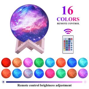 3D Moon Lamp Kids Night Light Touch Remote Control USB Uppladdningsbar Galax Lampa Färger Led Star Moon Light With Wood Stand Y0910