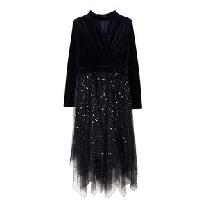 Przypadkowe sukienki być może u kobiet czarny granatowy blue velvet patchwork sequined siatki wieczorowa impreza z długim rękawem asymetryczna sukienka MIDI D2165