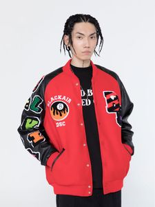 ingrosso giacca da baseball rossa e nera-Hip Hop Bomber Jacket Streetwear vintage ricamo lettere cappotto da baseball cappotto da uomo in pelle patchwork jakets cappotti nera rossa