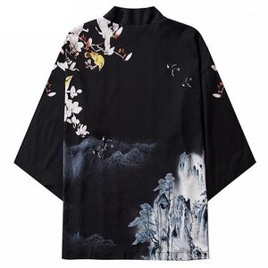 Mannen Japanse Kimono Jacket Mountain Painting Print Harajuku Streetwear Jassen Jas Casual Dunne Town Japan Style Black Tops Heren