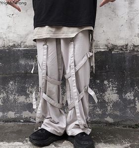 man capris leggings toptan satış-Kadın Pantolon Capris Harajuku Streetwear Kore Kadınlar Adam Baggy Yüzük Şerit Bacak Kemer Gotik Techwear Harem Hip Hop Punk Kargo Jogger Pantolon