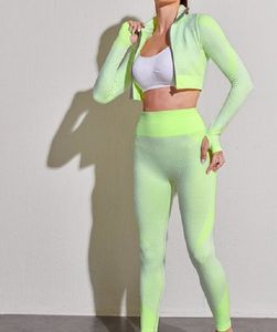 long leg yoga pants toptan satış-Şekillendirme Tayt Kadın Eşofman Kıyafetler Set Spor Yüksek Bel Spor Fermuar Uzun Kollu Mahsul Üst Koşu Spor Gömlek Yoga Pantolon
