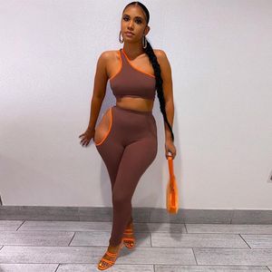 Wholesale sexy black two piece outfits for sale - Group buy Women s Two Piece Pants Sexy Cut Out Pant Suit Club Outfits For Women Brown Black One Shoulder Underwear And Leggings Set Ladies Piec