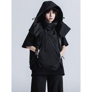 hoodie жилет женщины оптовых-Мужские толстовки для толстовки промышленности Guochao бренд темно черный функциональный стиль хип хоп с капюшоном тактическое жилет пальто и женская съемная шляпа