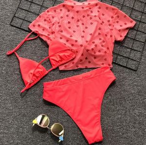 Seksowna Wysoka Talia Czerwony Stroje Kąpielowe Kobiety Stroje kąpielowe Panie Przycięte Trzy kawałki Bikini Zestaw Drukarni Kostium Kąpielowy