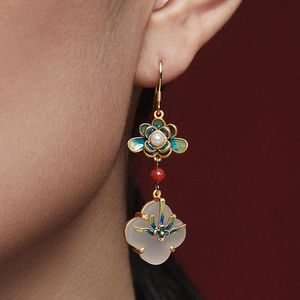 Wholesale jade dangle earrings resale online - Dangle Chandelier Chic Vintage Royal Lotus Flower Enamel Design White Jade Drop Earrings For Women k Gold Color Jewelry Bijoux Accessori