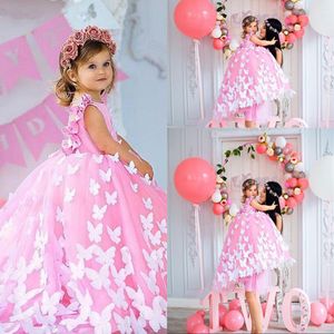 2021 Princess Cute Pink Ball Gown Girls Pageant Dresses Short Sleeves Tulle Cascading Ruffles Sweep Train Butterfly Puffy Kids Flower Girl Birthday Gowns