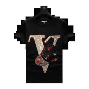 пользовательская рубашка rhinstone оптовых-Пользовательский черный хлопок горный хрусталь блесток с коротким рукавом футболка для мужчин