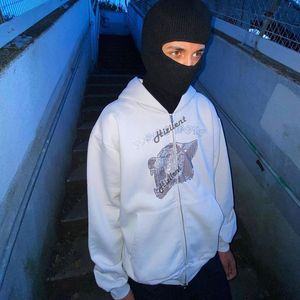 erkek beyaz hoodie zip up
 toptan satış-Erkek Hoodies Tişörtü Zip up Rhinestone Beyaz Harajuku Goth Boy Kapüşonlu Grunge Uzun Kollu Y2K Streetwear Grafik Hip Hop Erkekler