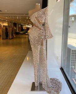 Sparkly Sequined Mermaid Evening Dresses One Shoulder Long Sleeve Side Split Beaded Formal Prom Gowns Custom Made Plus Size Pageant Wear Party Dress
