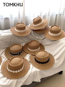 satış siperliği toptan satış-2021 Satış El Yapımı Hasır Plaj Şapka Kadınlar Için Yaz Tatili Panama Cap Moda İçbükey Düz Güneş Koruma Vizör Şapkalar