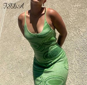 платье для пляжа с зеленым спагетти оптовых-2021 Распечатать вязание BodyCon платье женщин зеленый Y2K Летние вылапывает сексуальный без рукавов спагетти ремешок пляж MIDI платья вечеринка