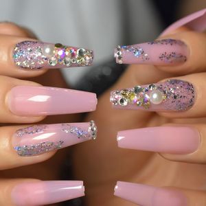 Fałszywe paznokcie Super Długie D Bling Diamond Holo Glitter Francuski Ballerina Coffin Fałszywy Jelly Pink Press Na Party Finger Wear UV