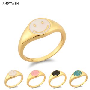 ANDYWEN Sterling Silver Size Gold Smiley Face Ring Women Enamel Pink White Black Turquoise Happy Smile Rings Jewelry