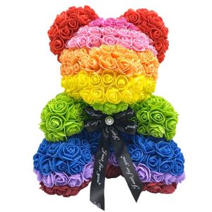 40CM Decorative Flowers Wreaths Handmade Rose Soap Flower Bear Cute Eternal Rainbow Color Valentines Day Romantic Gift HKS99