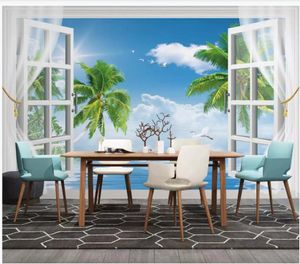 Wallpapers Custom Po Wallpaper For Walls D Murals Sea Landscape D Window Scenery Blue Sky White Clouds Tree Background Wall Painting