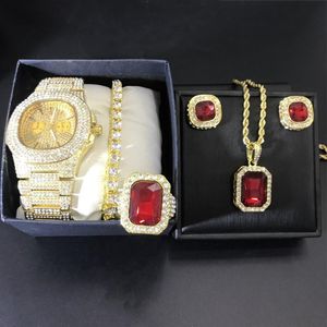 diamantringe sets großhandel-Armbanduhren luxus männer gold diamant uhr halskette braclete ohrringe ring combo set eis raus kubanischen jelerly hip hop für