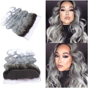 Brazilian Body Wave Wavy Real Hair B Gray Dark Root Ombre Lace Frontal Closure Silver Grey Ombres Two Tone Human Hairs Frontal Top Closures Extensions