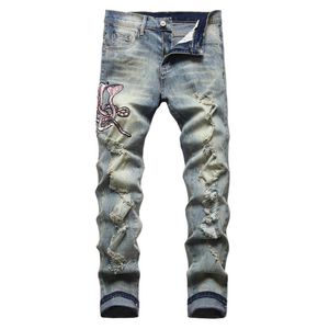 Mäns Jeans Snake Broderi Streetwear Holes Ripped Stretch Denim Byxor Vintage Blue Slim Byxor