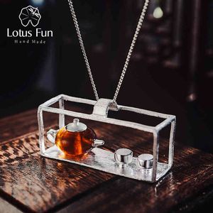 Lotus Fun Real Sterling Silver Handmade Fine Jewelry Natural Amber Original Teapot Design Pendant without Necklace for Women